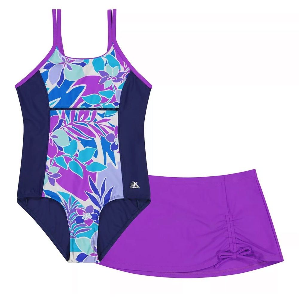 Brand New Girls Purple & Blue Swimsuit with Cover Up Skirt, Size 7/8, NWT